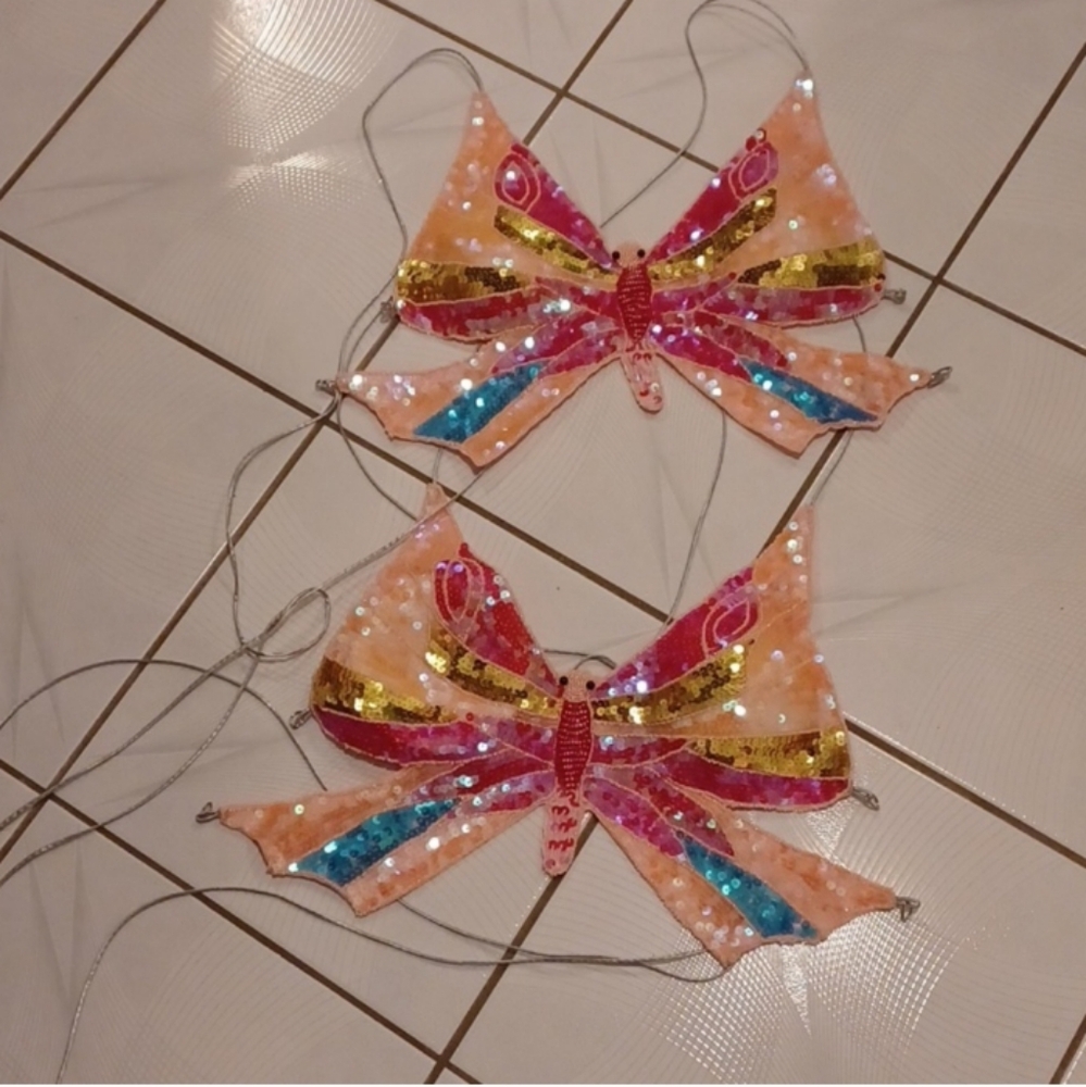 2 Sequin Butterfly Halter Tops - Set of 2 Matching Costume Tops - O/S (Adult)